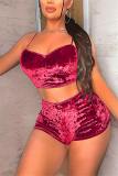 Pink Sexy Sleeveless Spaghetti Strap Off The Shoulder Short Solid Two Pieces
