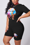 Black Casual O Neck Print Solid Lips Print Plus Size