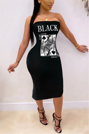 Black Fashion Sexy Casual Black Sleeveless Wrapped chest Hip skirt Mid-Calf Print Dresses