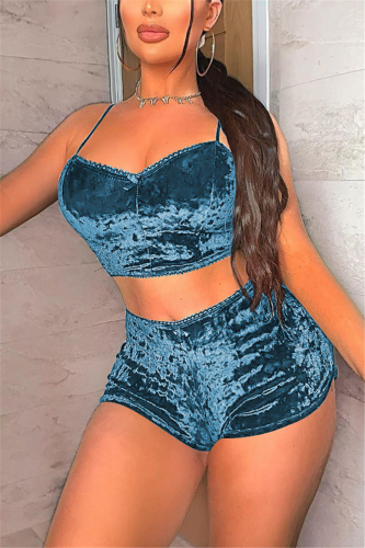 Blue Sexy Sleeveless Spaghetti Strap Off The Shoulder Short Solid Two Pieces