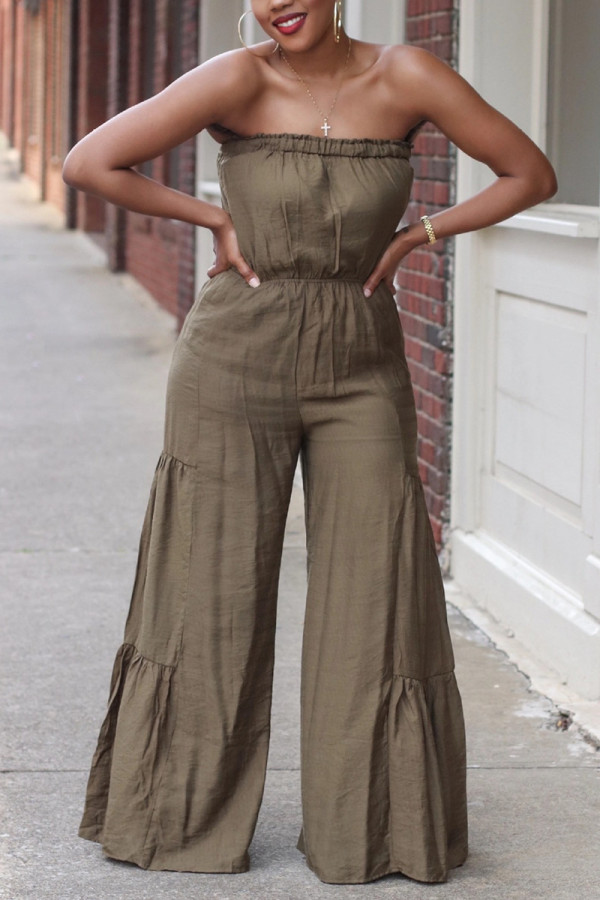 Green Fashion Sexy Strapless Sleeveless Off The Shoulder Loose Solid Jumpsuits