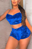 Blue Sexy Sleeveless Spaghetti Strap Off The Shoulder Short Solid Two Pieces