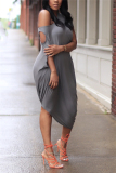 Grey Fashion Casual Grey One Shoulder Short Sleeves O neck Straight Mid-Calf Solid Dresses