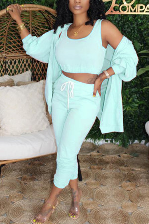 Blue Fashion Sexy adult Ma'am Patchwork Solid Three-Piece Suits Straight Long Sleeve Two Pieces