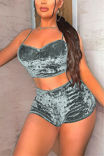 Gray Sexy Sleeveless Spaghetti Strap Off The Shoulder Short Solid Two Pieces