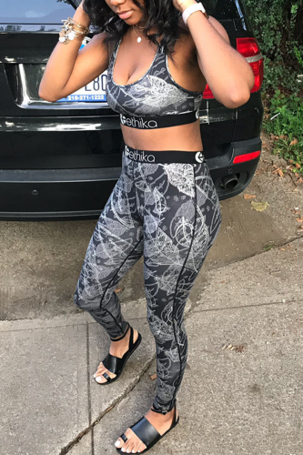 Black Fashion Casual Sportswear Sleeveless U Neck Spaghetti Strap Regular Print Two Pieces