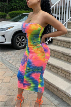 multicolor Casual multicolor Sleeveless Wrapped chest Step Skirt Mid-Calf Tie and dye Dresses