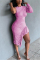 Pink Sexy Long Sleeves O neck Asymmetrical Knee-Length Solid Draped ruffle asymmetrical Dresses