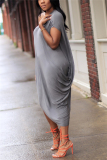 Grey Fashion Casual Grey One Shoulder Short Sleeves O neck Straight Mid-Calf Solid Dresses