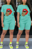 Turquoise venetian Fashion Sexy adult Ma'am Print Two Piece Suits pencil Short Sleeve Two Pieces