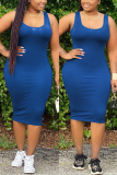 Blue Casual O Neck Print Solid Plus Size