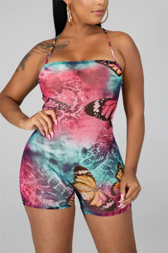 Blue Sexy Print bandage Milk. Sleeveless Slip Rompers