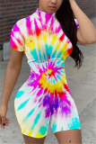 White Fashion Casual street Print Tie-dyed Short Sleeve O Neck Rompers