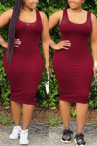 Wine Red Casual O Neck Print Solid Plus Size