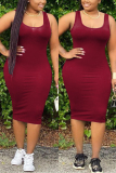 Wine Red Casual O Neck Print Solid Plus Size