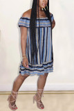 Blue Fashion Sexy Off The Shoulder Sleeveless A-Line Knee-Length Striped ruffle Dresses