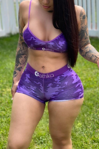 Purple Fashion Sexy V Neck Print Swimwears
