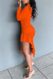 Orange Sexy Long Sleeves O neck Asymmetrical Knee-Length Solid Draped ruffle asymmetrical Dresses