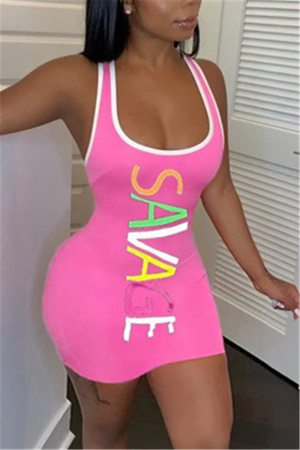 Pink Casual Spaghetti Strap Sleeveless Slip A-Line Mini Print Character Dresses