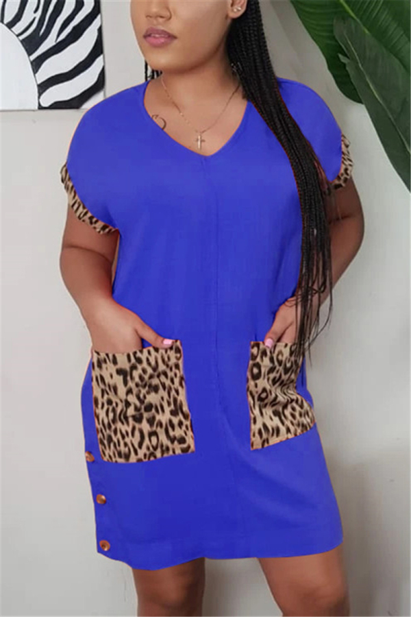Blue Fashion adult Ma'am Sweet Cap Sleeve Short Sleeves V Neck Step Skirt Knee-Length Patchwork Solid Dresses