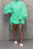 Light Green OL lantern sleeve Long Sleeves Mandarin Collar Pleated Mini Print Solid Dresses