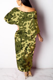 Army Green Casual One Shoulder Long Sleeves Step Skirt Ankle-Length camouflage Dresses
