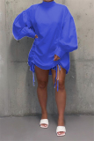 Blue OL lantern sleeve Long Sleeves Mandarin Collar Pleated Mini Print Solid Dresses
