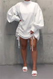 White OL lantern sleeve Long Sleeves Mandarin Collar Pleated Mini Print Solid Dresses