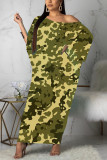 Green Casual One Shoulder Long Sleeves Step Skirt Ankle-Length camouflage Dresses
