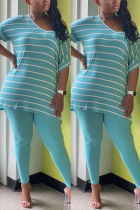 Blue Fashion Active adult Ma'am Striped Two Piece Suits pencil Short Sleeve Two Pieces