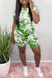 Green Fashion Casual adult Ma'am Patchwork Print Two Piece Suits Straight Short Sleeve Two Pieces