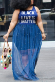 Blue Fashion Sexy O Neck Sleeveless Spaghetti Strap Print Lantern Skirt Plus Size