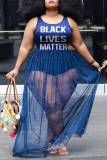 Blue Fashion Sexy O Neck Sleeveless Spaghetti Strap Print Lantern Skirt Plus Size