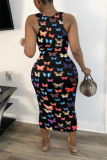 Black Casual Spaghetti Strap Sleeveless Slip Step Skirt Mid-Calf Print Animal Dresses