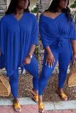 Blue OL Solid Short Sleeve Two Pieces