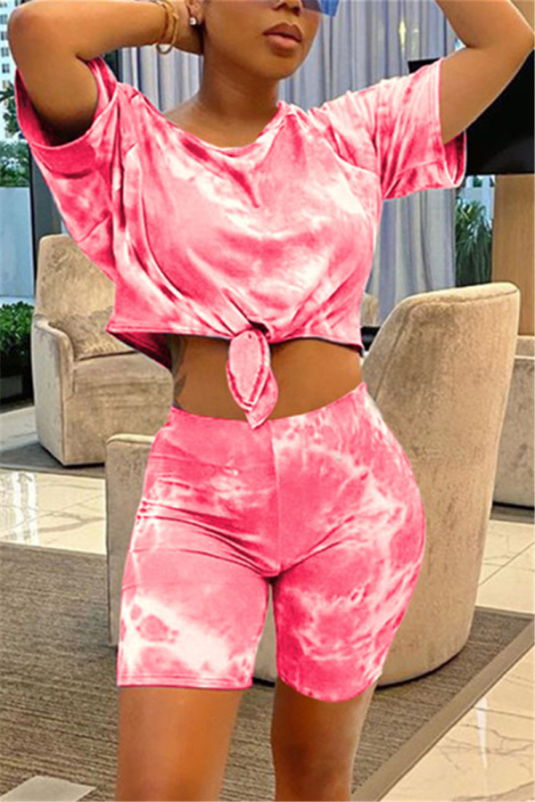 Pink venetian Fashion Casual adult Ma'am Print Tie Dye Two Piece Suits Straight Short Sleeve Two Pieces