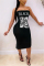 Blue Fashion Sexy Casual Black Sleeveless Wrapped chest Hip skirt Mid-Calf Print Dresses