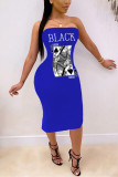 Red Fashion Sexy Casual Black Sleeveless Wrapped chest Hip skirt Mid-Calf Print Dresses