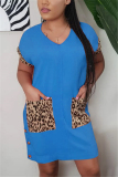 Blue Fashion adult Ma'am Sweet Cap Sleeve Short Sleeves V Neck Step Skirt Knee-Length Patchwork Solid Dresses