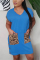 Light Blue Fashion adult Ma'am Sweet Cap Sleeve Short Sleeves V Neck Step Skirt Knee-Length Patchwork Solid Dresses