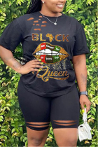 Black Fashion Casual adult Letter Patchwork Print Hole Burn-out Two Piece Suits Lips Print Straight Short Sleeve Two Pieces