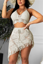 White Cotton blend Tassel backless perspective Hooded Out Sexy Swimwears