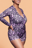 purple Fashion Sexy adult Ma'am V Neck Leopard Pattern Button Plus Size