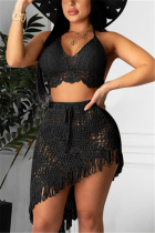 Black Cotton blend Tassel backless perspective Hooded Out Sexy Swimwears