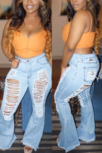 Light Blue Fashion Sexy Regular Solid Bottoms