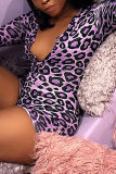 Blue Fashion Sexy adult Ma'am V Neck Leopard Pattern Button Plus Size