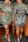 Coffee Fashion Sexy O Neck Three Quarter Regular Sleeve Print Leopard Wrapped Skirt Plus Size