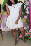 White Sweet Ruffled Sleeve Sleeveless O-neck Cake Dress Knee-Length Solid Dresses