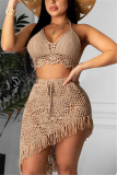Khaki blend Tassel backless perspective Hooded Out Sexy Swimwears