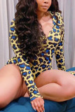 Blue Fashion Sexy adult Ma'am V Neck Leopard Pattern Button Plus Size